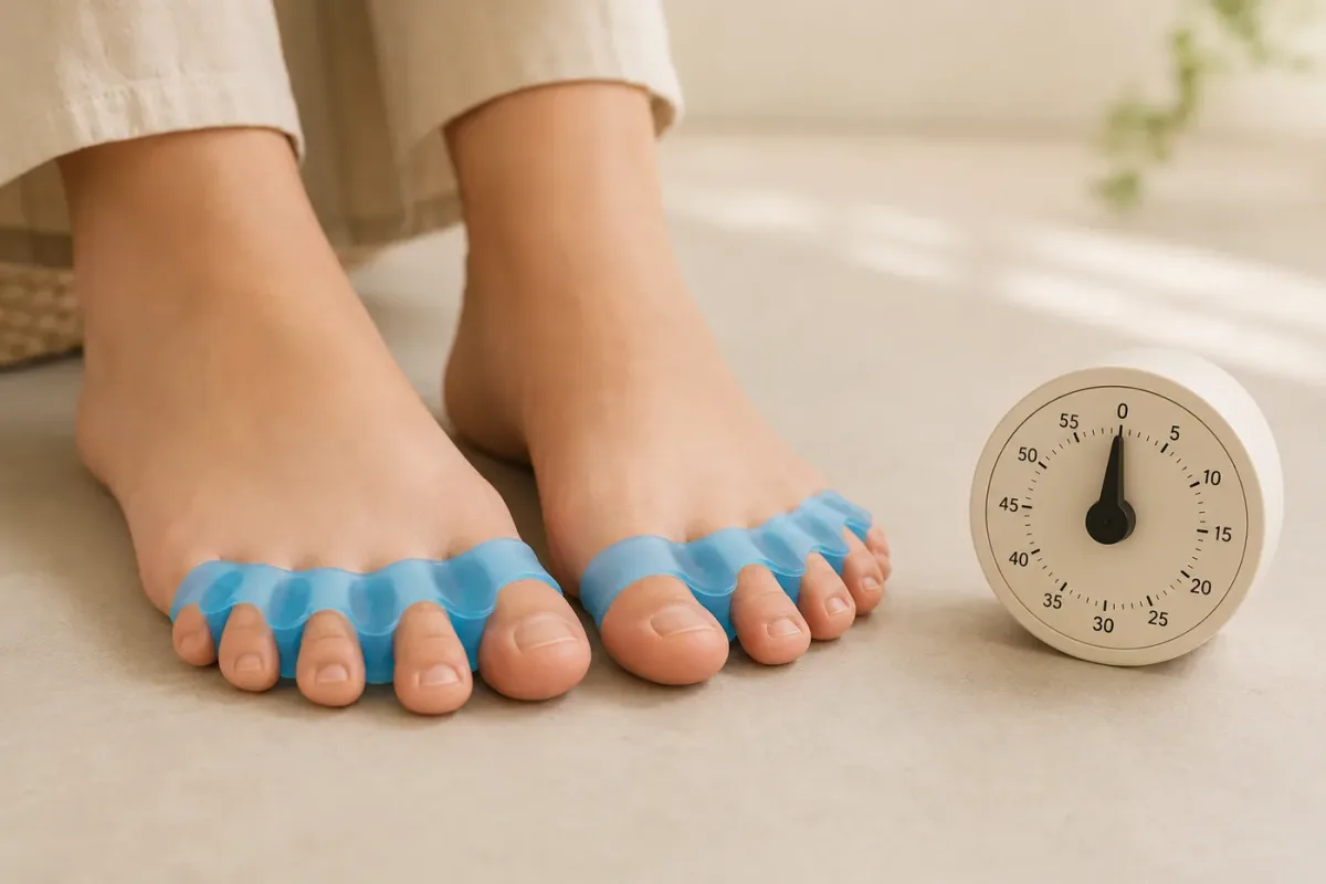 Bare feet wearing blue five-toe gel spacers next to a simple analogue kitchen timer