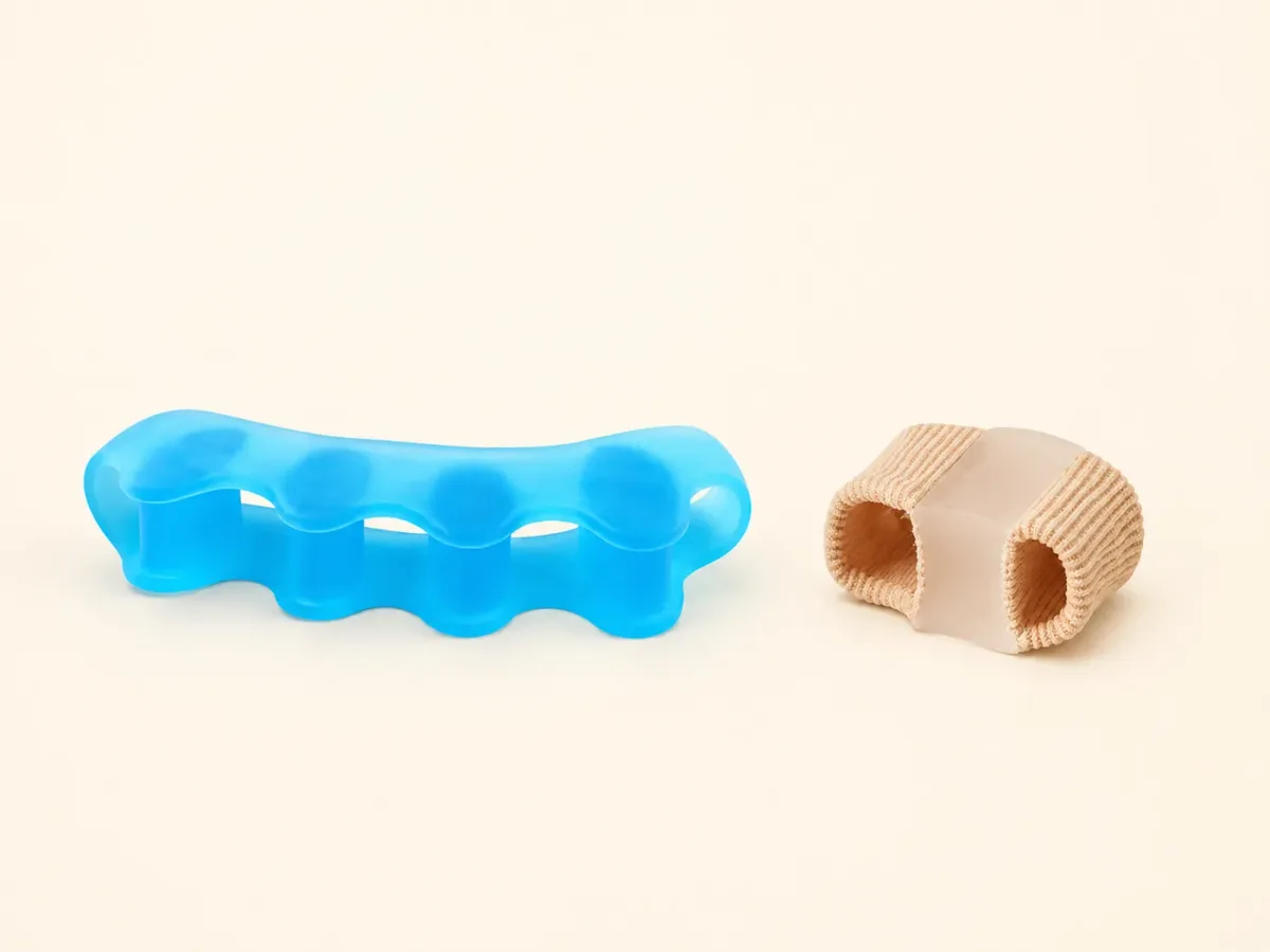 A blue five-toe gel spacer beside a beige fabric separator tube, showing the size difference
