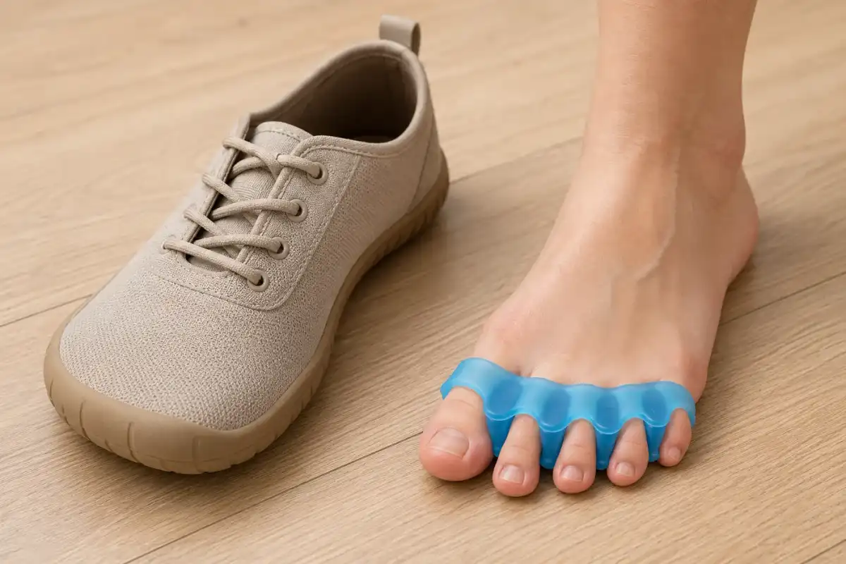 A wide-toe-box barefoot shoe next to a bare foot wearing a blue five-toe gel spacer