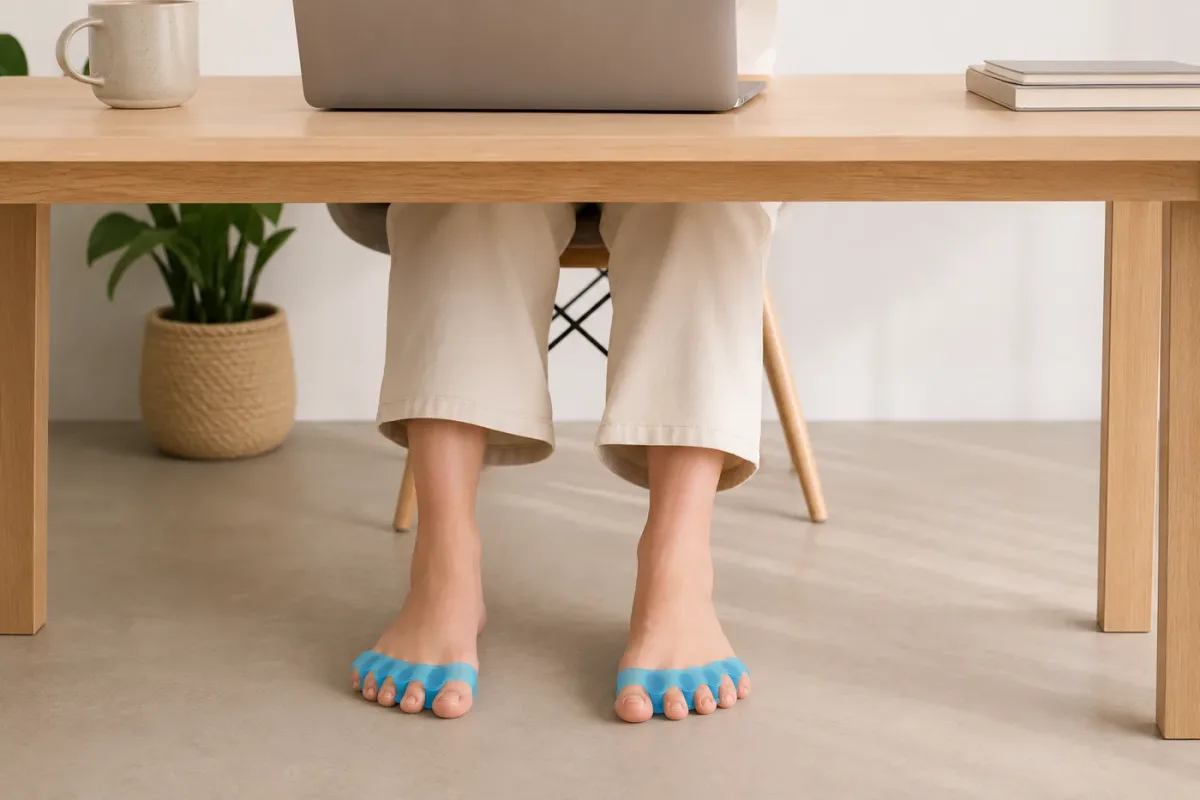 Bare feet wearing blue five-toe gel spacers under a wooden desk during a work day