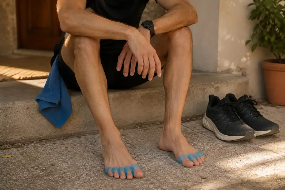 A runner seated on a doorstep after a run, bare feet wearing blue five-toe gel spacers