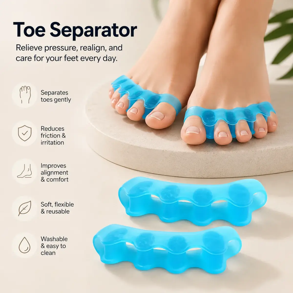 Blue five-toe gel spacers presented with their comfort and material features