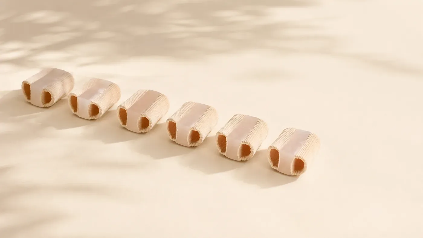 Six beige ribbed-fabric gel separator tubes arranged in a row on a warm cream surface