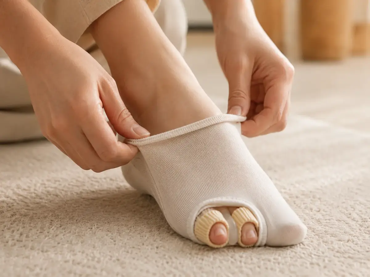 A thin cotton sock pulled over a foot already wearing a beige fabric separator tube, tested for hold under a sock