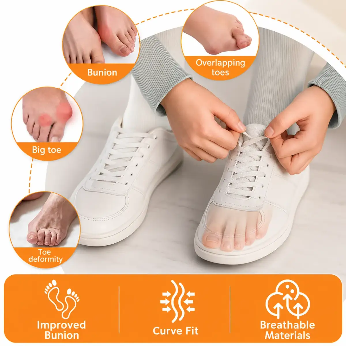 Separator tubes worn while lacing a sneaker, with close-ups of a bunion and overlapping toes