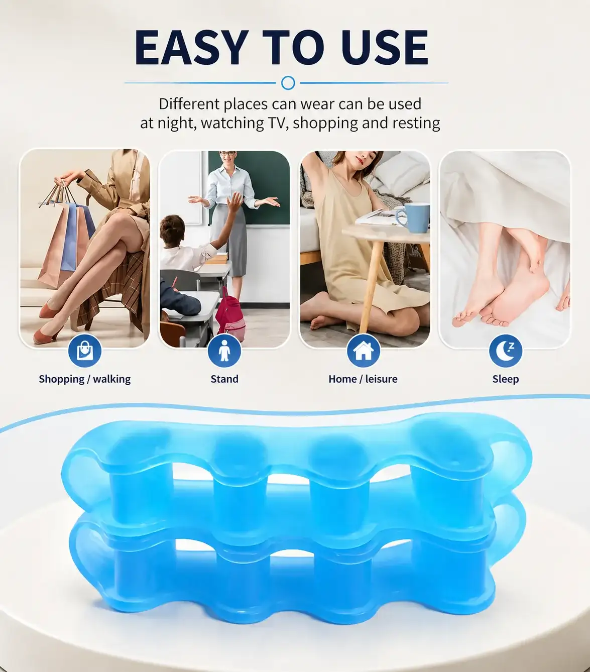 Blue five-toe gel spacers shown across everyday contexts: walking, standing, at home and asleep