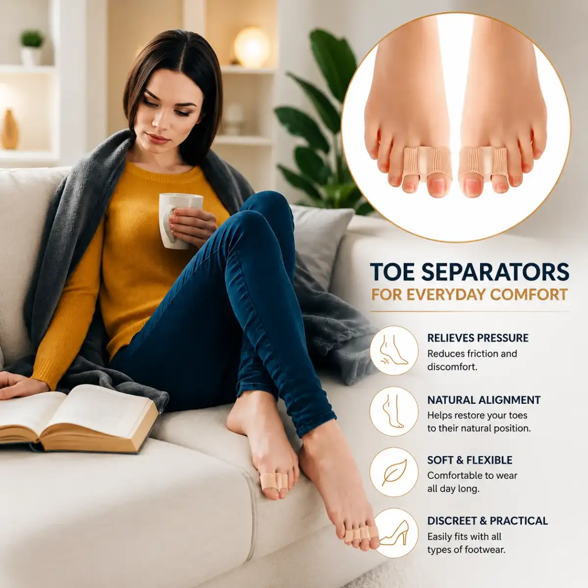 A woman relaxing on a sofa with a book, bare feet wearing toe spacers, with product features