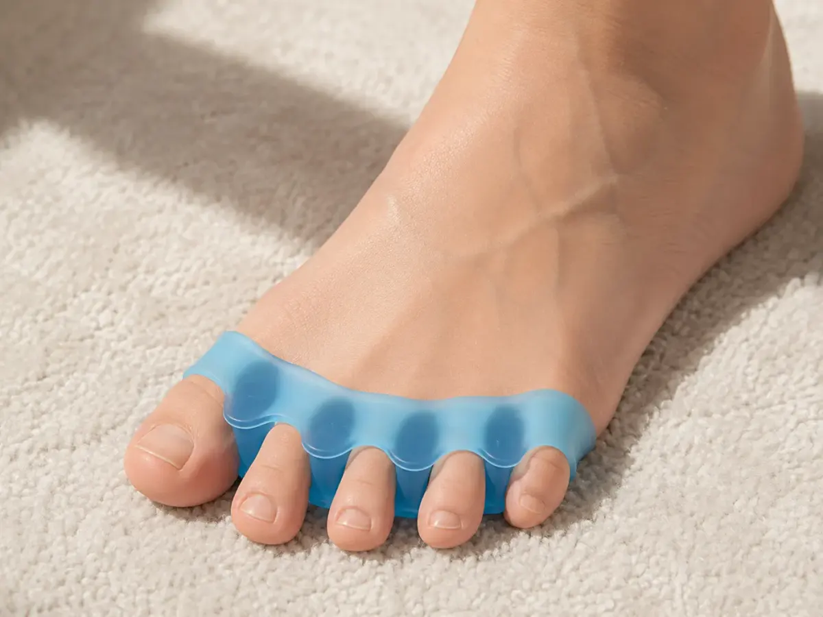 Close-up of a bare foot wearing a blue five-toe gel spacer, toes evenly separated