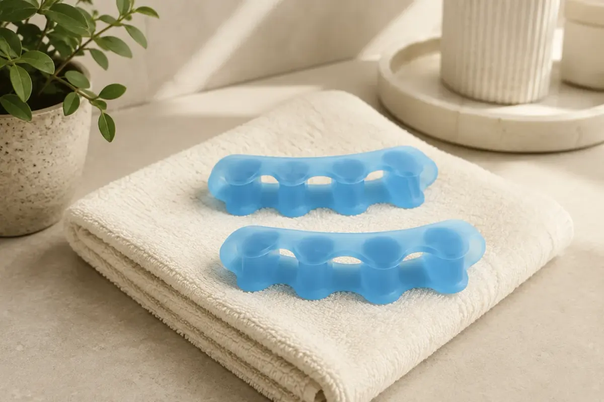 A pair of blue gel toe spacers resting on a folded cream towel beside a small plant