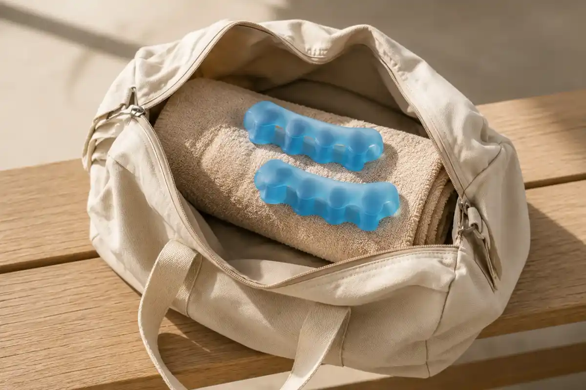 An open canvas gym bag with a rolled towel and a pair of blue five-toe gel spacers
