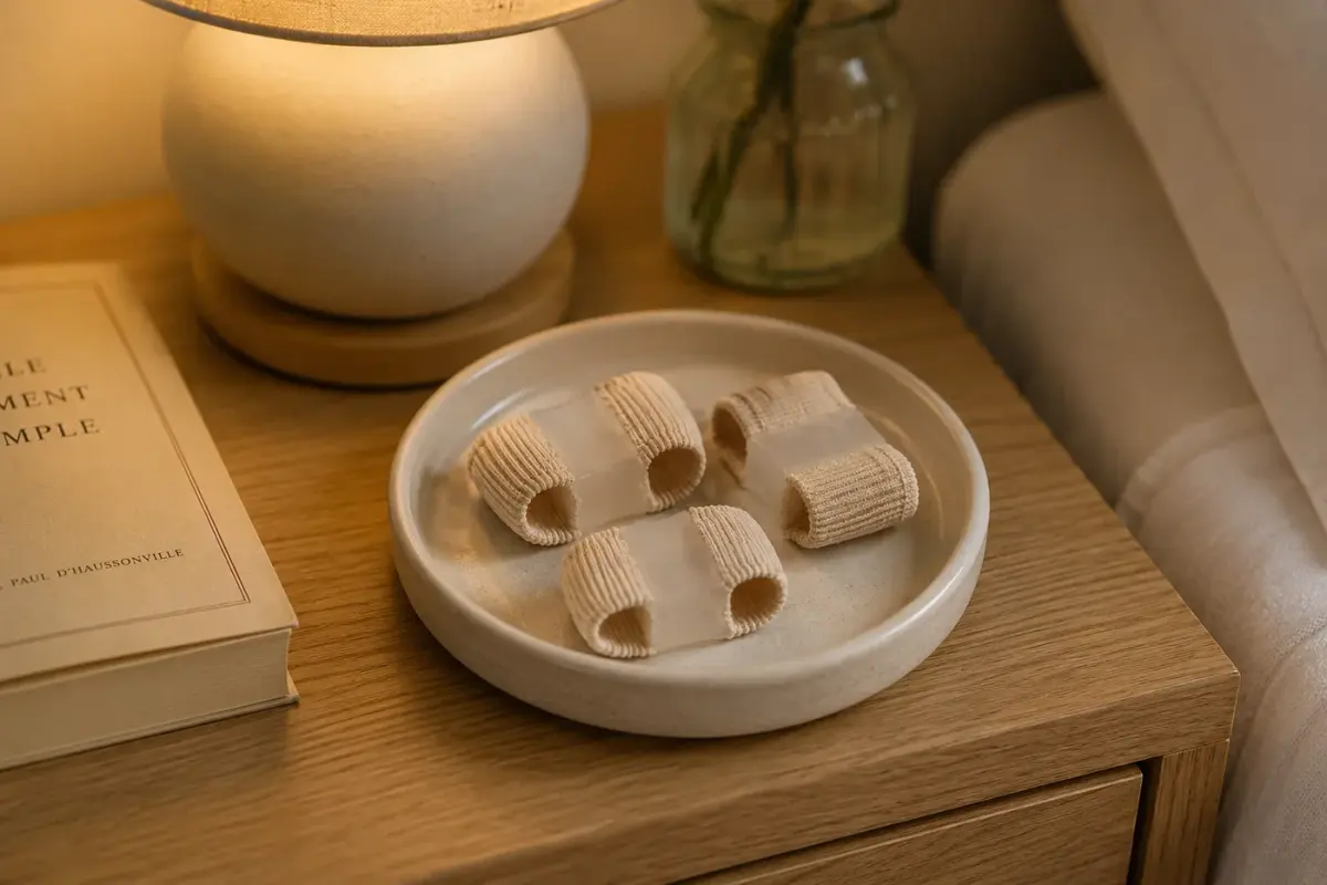 Beige separator tubes in a small ceramic dish on a nightstand beside a book and a lamp