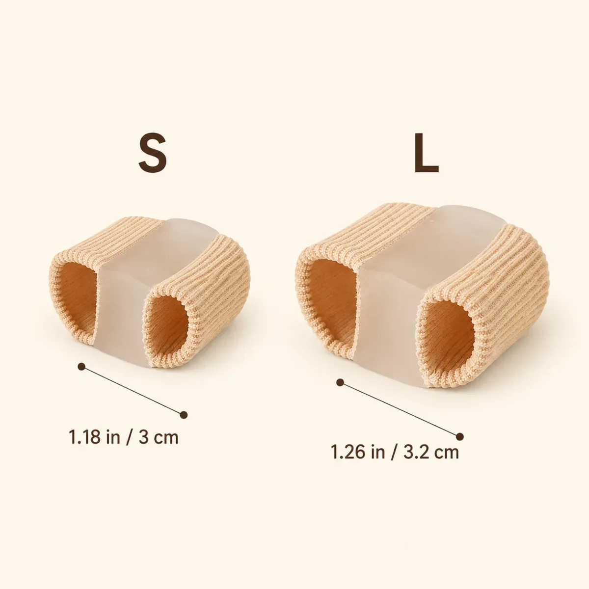Measured size chart comparing the small and large ToeRoom separator tubes, 1.18 in and 1.26 in