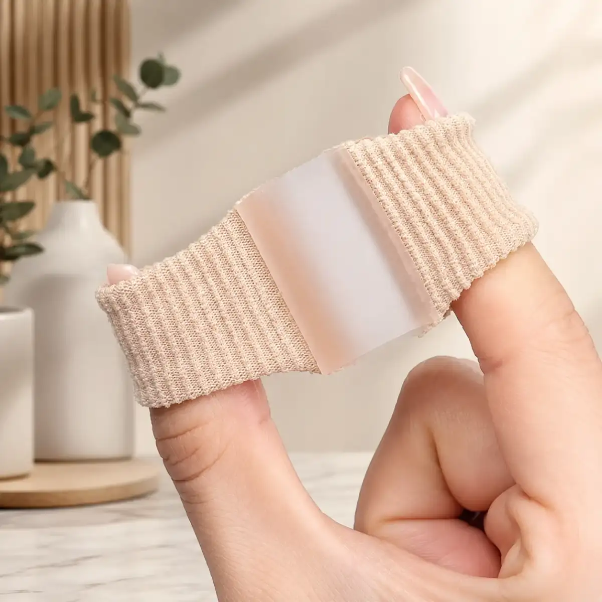 A beige fabric gel separator tube held between two fingers, showing its real scale