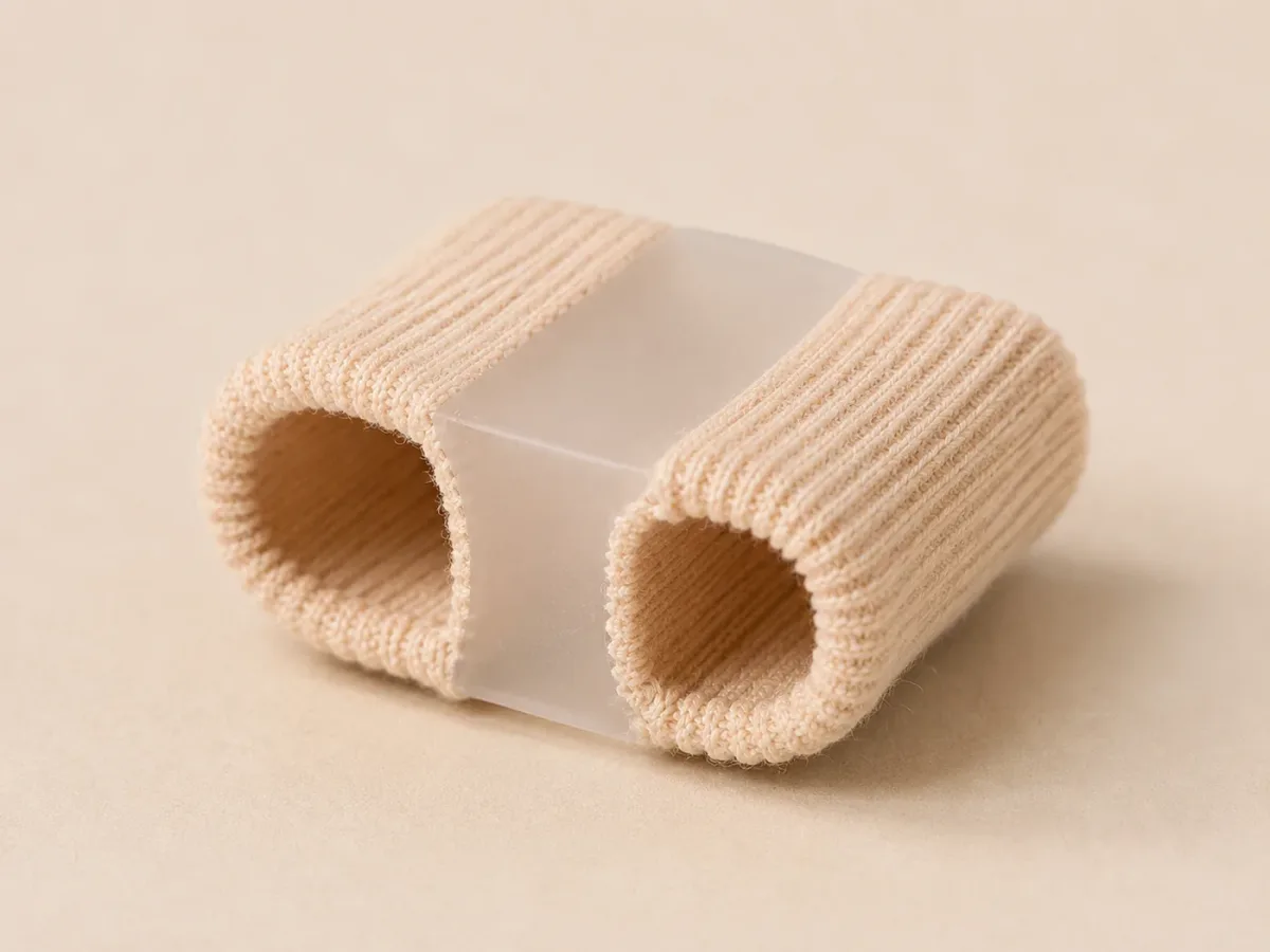 One beige fabric-covered gel separator tube showing its open ring and knitted sleeve